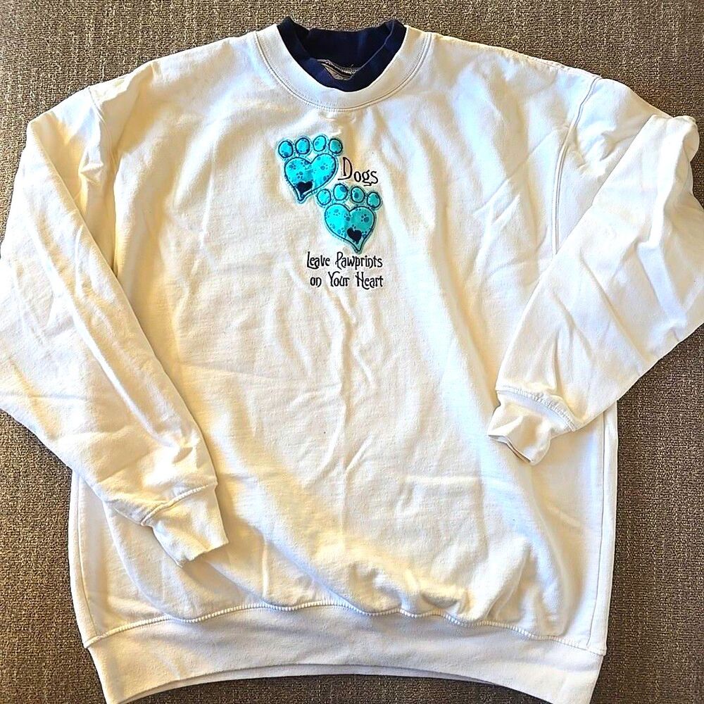 Vintage Granny Sweatshirt Dogs Pawprints Heart Puppy White Blue Collar  XL